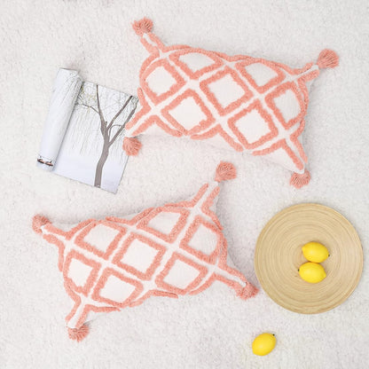 Boho Pink Lumbar Throw Pillow Cover 12X20 Inch with Tassels, Moroccan Tufted Cream Chenille Fabric Small Accent Textured Cushion Case for Bed Couch, 1 PC 30X50 Cm Bohopk-Dmd12X20