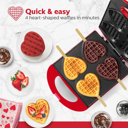- Non-Stick Heart Waffle Maker, Red - Makes 4 Heart-Shaped Waffles in Minutes