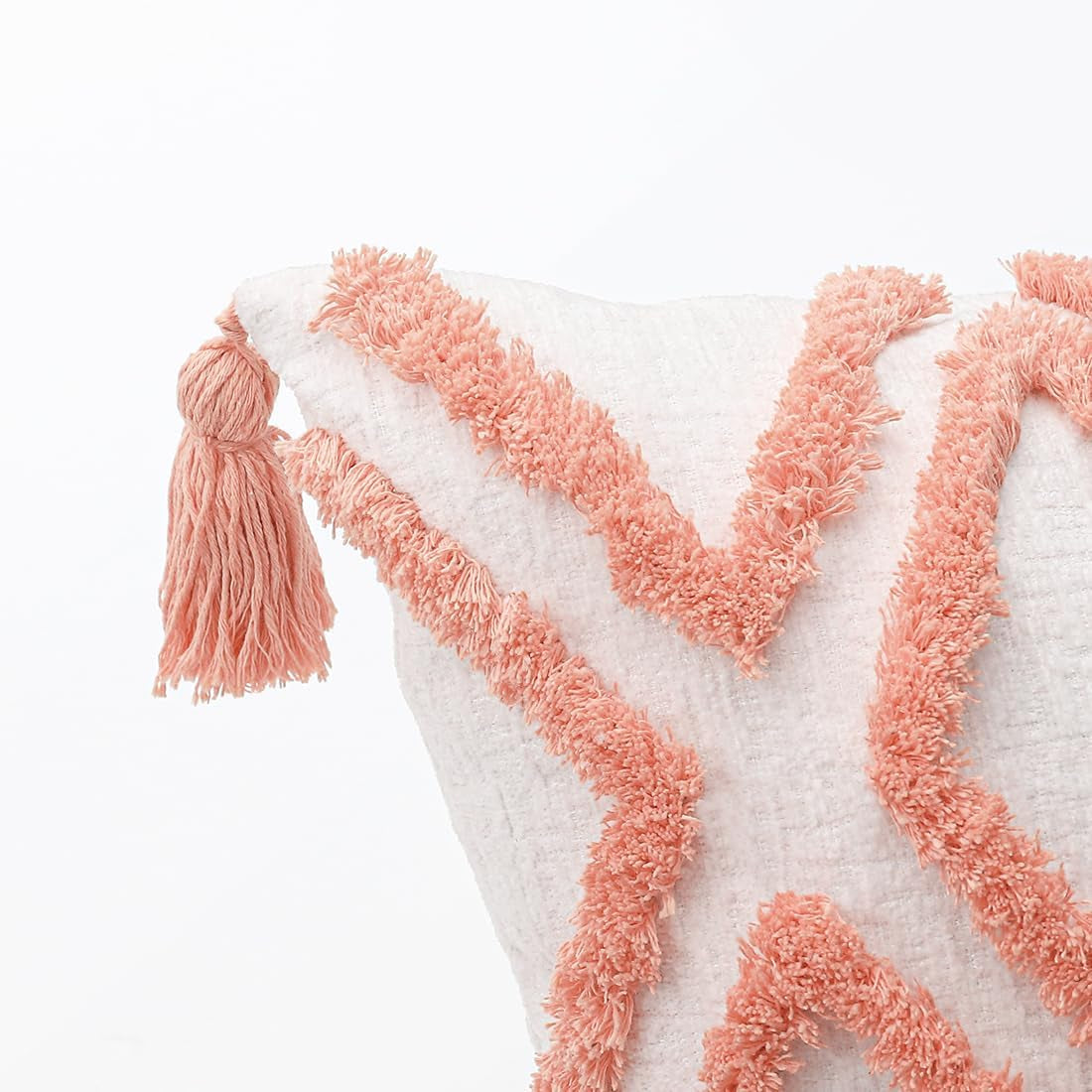 Boho Pink Lumbar Throw Pillow Cover 12X20 Inch with Tassels, Moroccan Tufted Cream Chenille Fabric Small Accent Textured Cushion Case for Bed Couch, 1 PC 30X50 Cm Bohopk-Dmd12X20