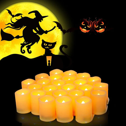 24 PCS Flameless LED Votives - Bright Flickering Battery Operated White Plastic Electric Tea Light Candles for Wedding Table Centerpieces Halloween Jack O’ Lantern Pumpkin Christmas Party Decorations