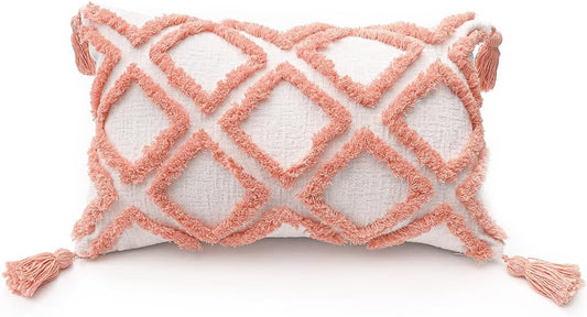 Boho Pink Lumbar Throw Pillow Cover 12X20 Inch with Tassels, Moroccan Tufted Cream Chenille Fabric Small Accent Textured Cushion Case for Bed Couch, 1 PC 30X50 Cm Bohopk-Dmd12X20